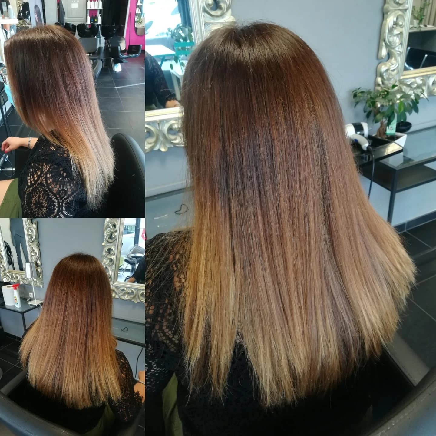 Lissage et balayage caramel — vue avant/après